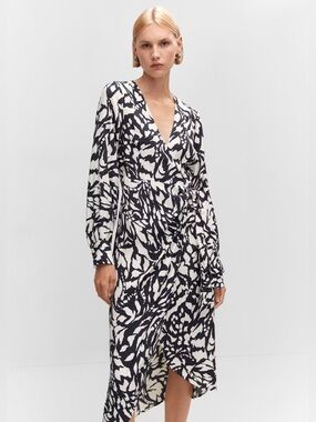 Mango Black print wrap dress NWT